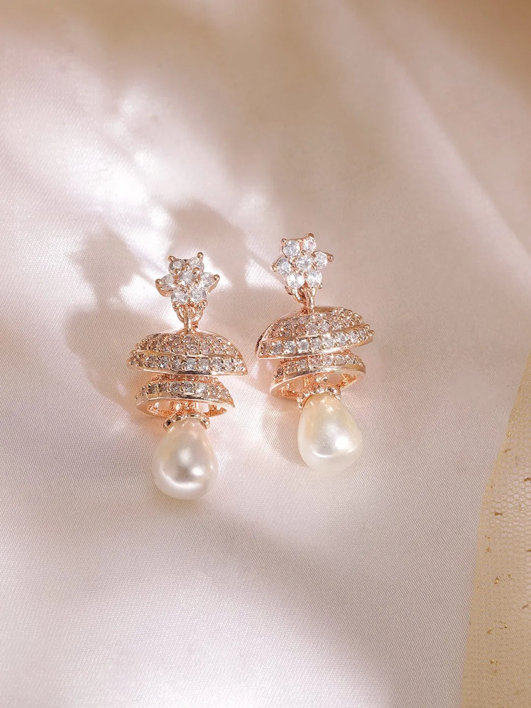 18K Rose gold pave zirconia studded pearl drop minimal jhumka earrings