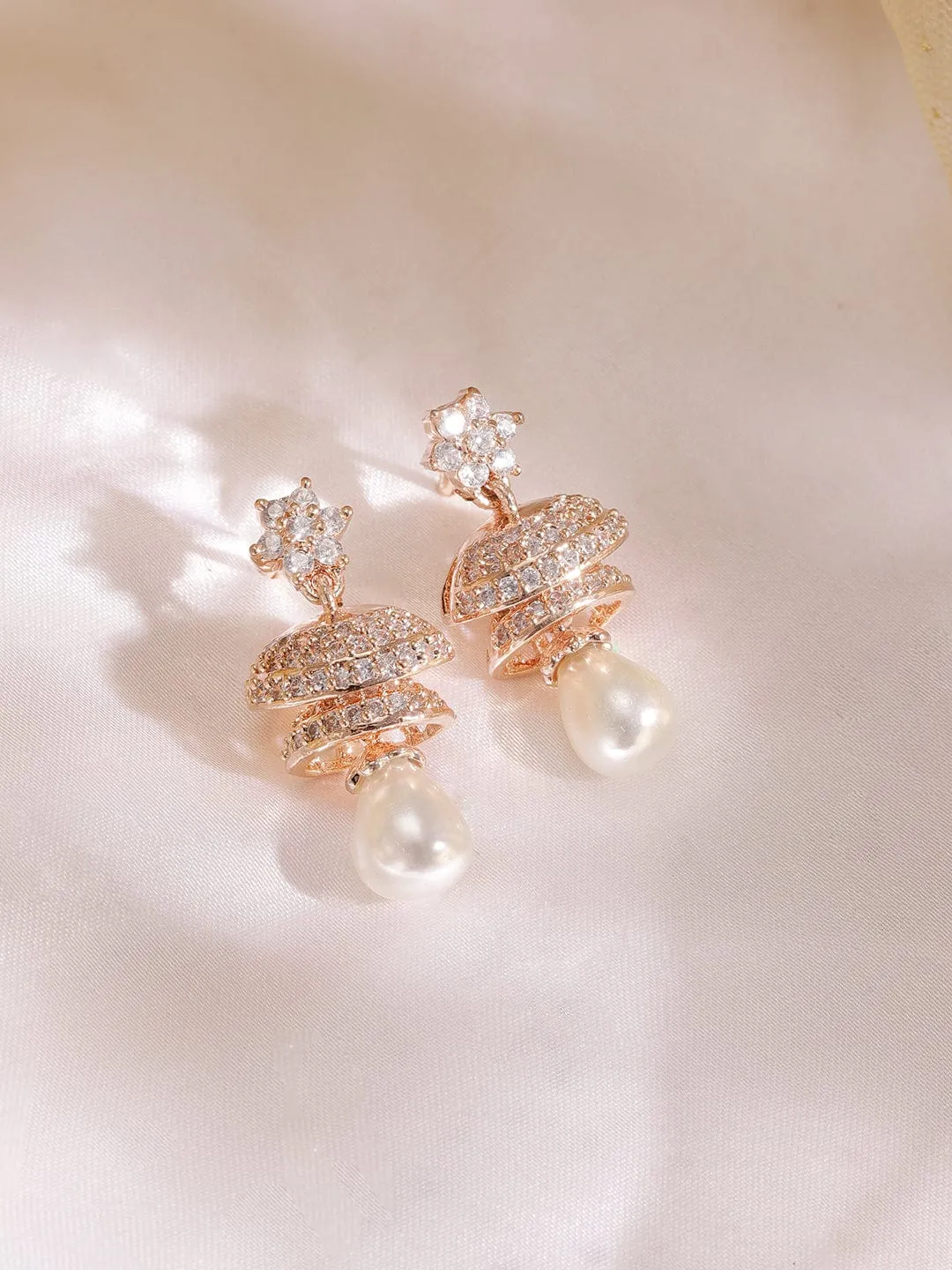 18K Rose gold pave zirconia studded pearl drop minimal jhumka earrings