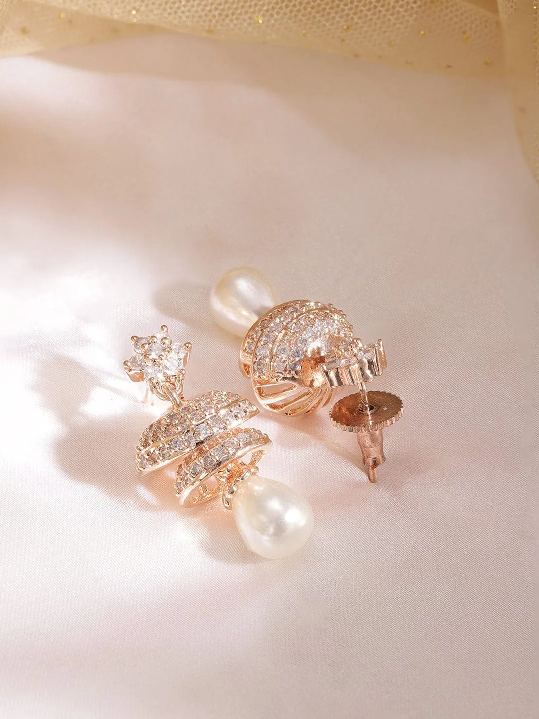 18K Rose gold pave zirconia studded pearl drop minimal jhumka earrings