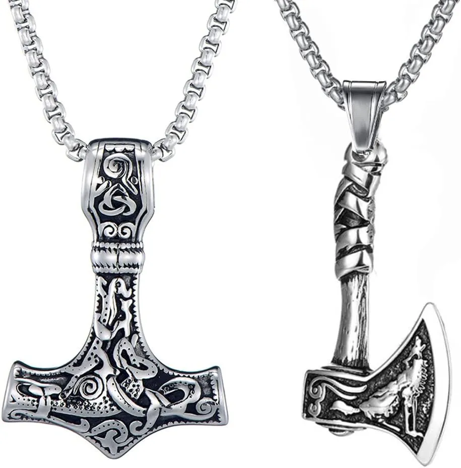 2 Pcs Thors Hammer & Axe Necklace Set - Silver, Men's Viking Amulet Pendant Necklace - Perfect for Hip Hop Fans, Rappers & Rockers