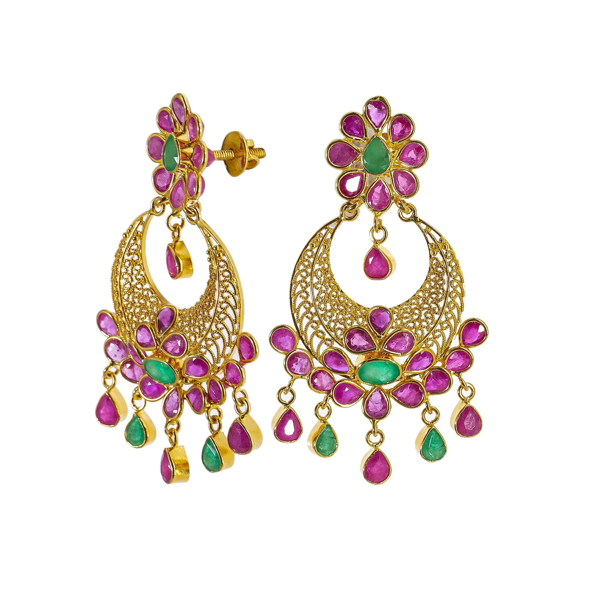 22K Yellow Gold Chandbali Hoop Earrings W/ Rubies & Emeralds