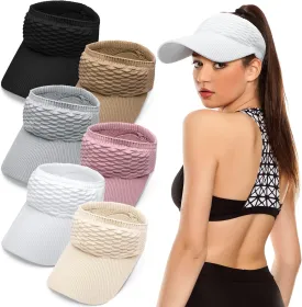 6 Pieces Women Sun Visor Hat for Women Knitted Hats Elastic Sports Hat Empty Top Quick Drying Wide Brim Golf Hat (Black, White, Gray, Light Coffee, Beige, Pink)