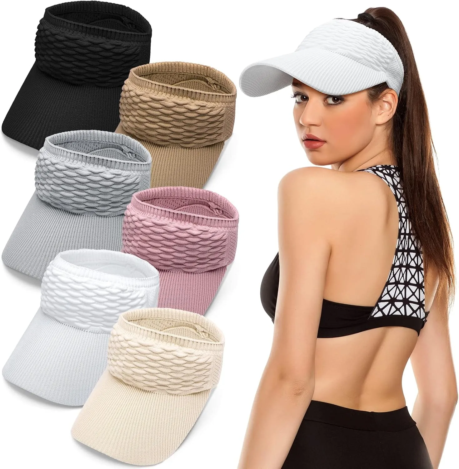 6 Pieces Women Sun Visor Hat for Women Knitted Hats Elastic Sports Hat Empty Top Quick Drying Wide Brim Golf Hat (Black, White, Gray, Light Coffee, Beige, Pink)
