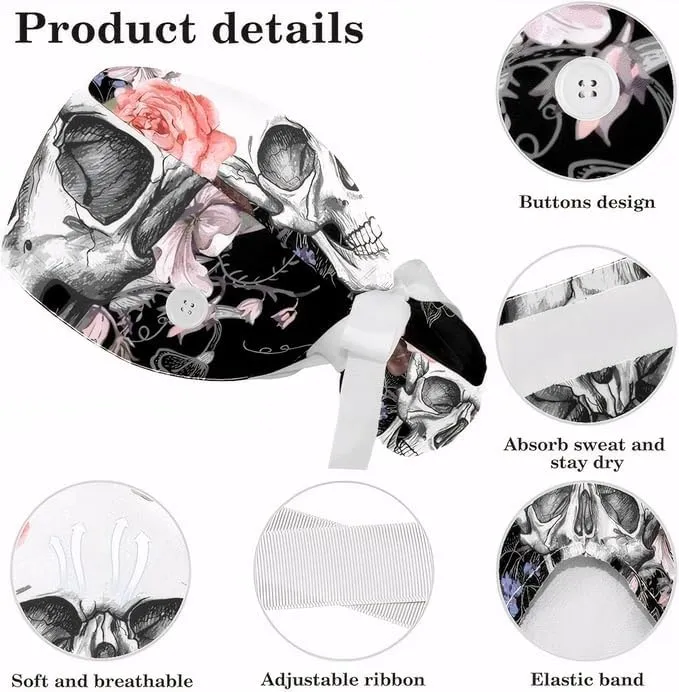 Adjustable Winter Blue Snowflake Surgical Scrub Cap with Button, Ponytail Pouch, Sweatband for Women with Bow Hair Scrunchy