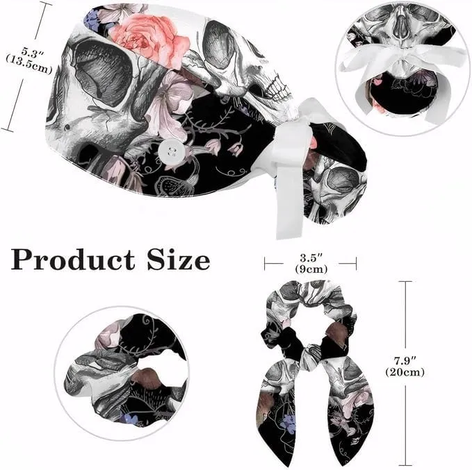 Adjustable Winter Blue Snowflake Surgical Scrub Cap with Button, Ponytail Pouch, Sweatband for Women with Bow Hair Scrunchy