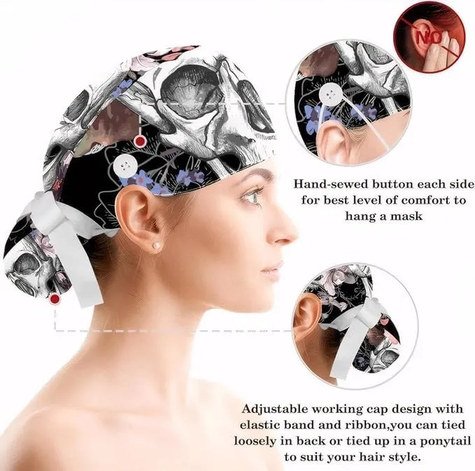 Adjustable Winter Blue Snowflake Surgical Scrub Cap with Button, Ponytail Pouch, Sweatband for Women with Bow Hair Scrunchy
