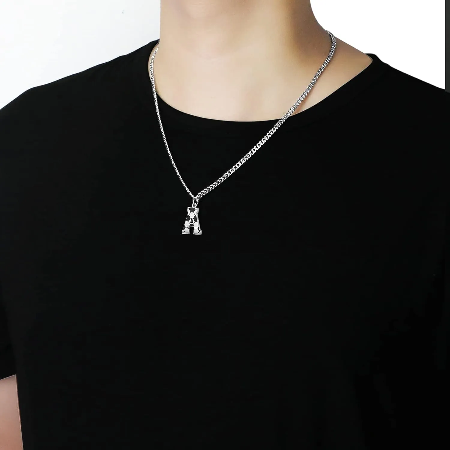 AIAINAGI Initial A-Z Letter Soccer Necklace for Men - Charm Pendant With Stainless Steel Silver Chain 22inch - Personalized Gift