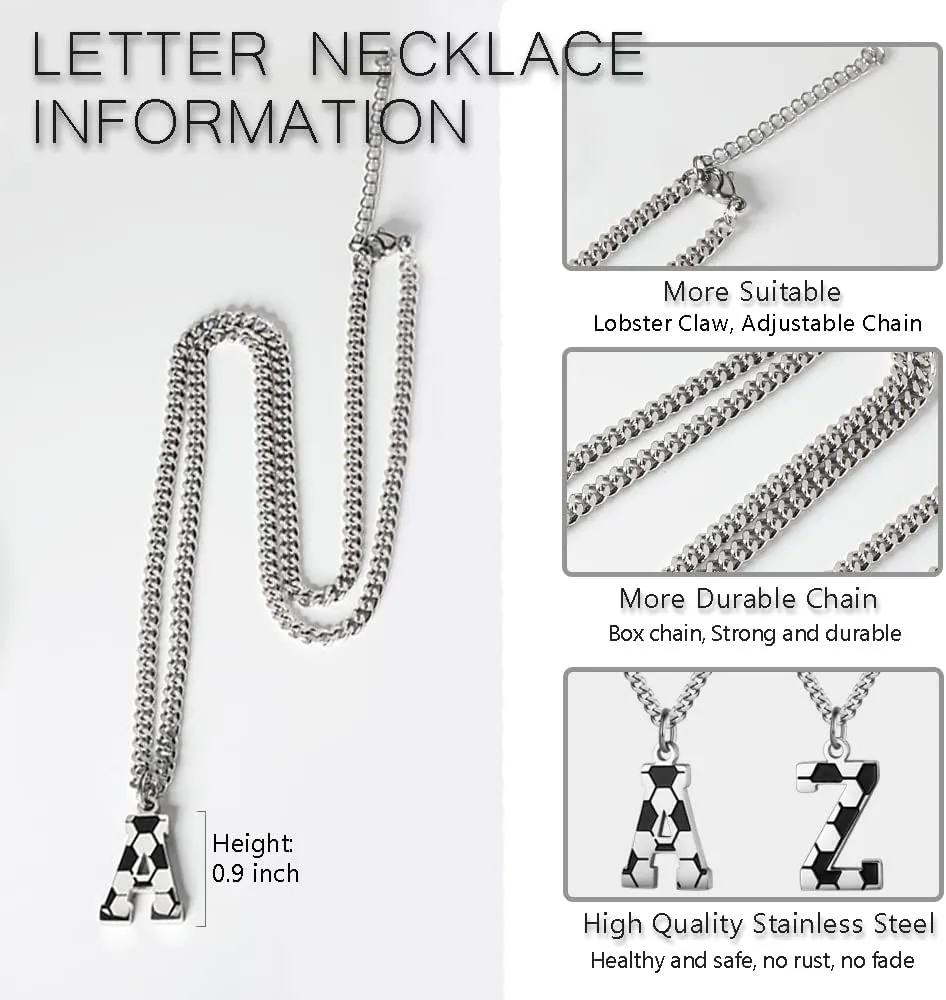 AIAINAGI Initial A-Z Letter Soccer Necklace for Men - Charm Pendant With Stainless Steel Silver Chain 22inch - Personalized Gift