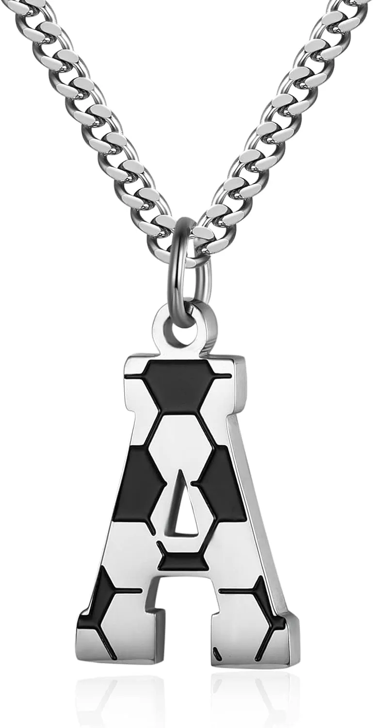 AIAINAGI Initial A-Z Letter Soccer Necklace for Men - Charm Pendant With Stainless Steel Silver Chain 22inch - Personalized Gift
