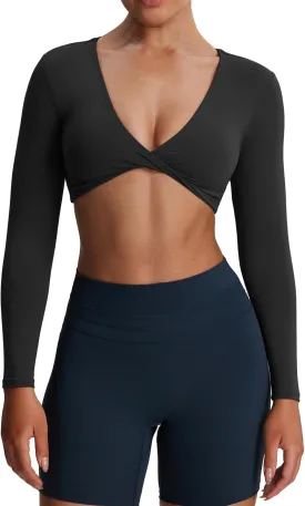 Aoxjox Long Sleeve Crop Tops for Women Sienna Twist Deep V Workout Cropped T Shirt Top