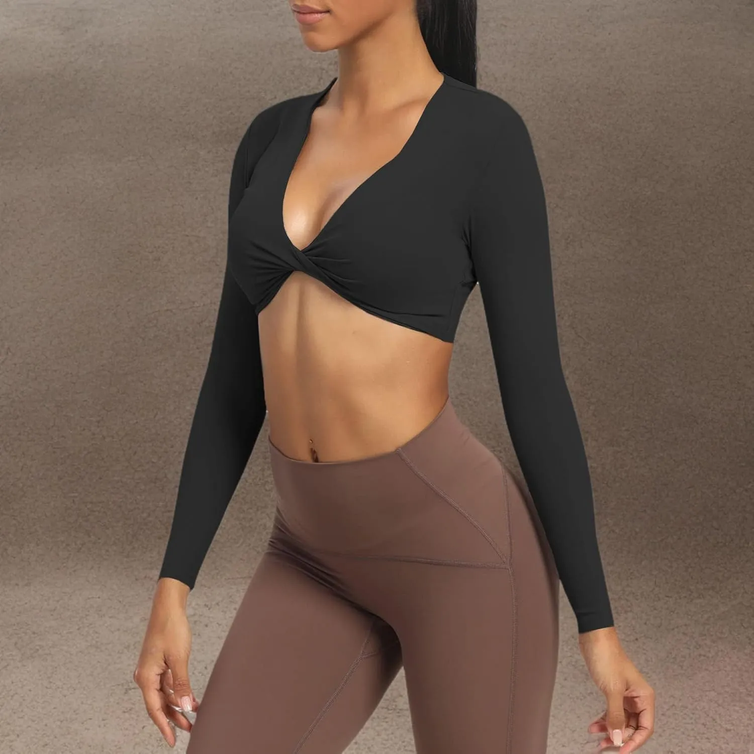 Aoxjox Long Sleeve Crop Tops for Women Sienna Twist Deep V Workout Cropped T Shirt Top