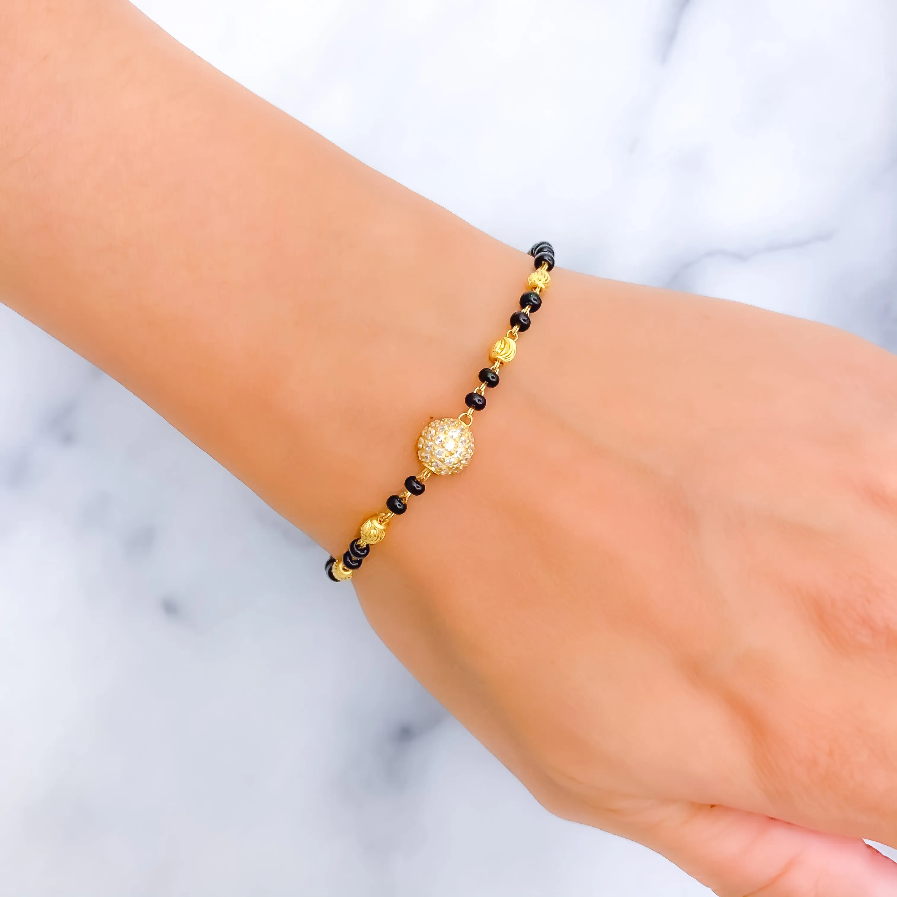 Beautiful Orb 22k Gold Black Bead CZ Bracelet