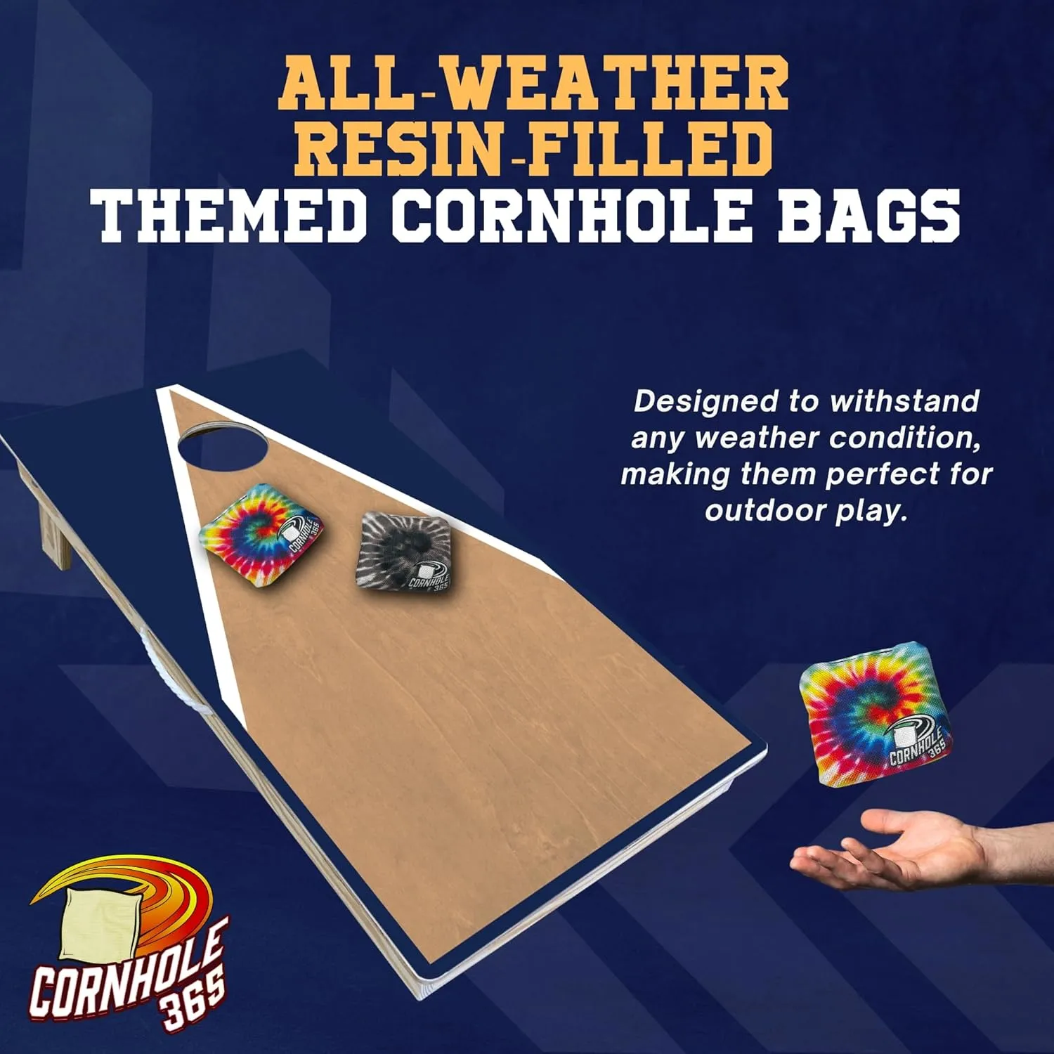Cornhole365 Themed Cornhole Bag - All-Weather, Heavy-Duty & Durable Polyester Fabric, Resin Filling, Double-Stitched Duck Cloth - Professional Cornhole Bean Bags for Indoor & Outdoor Use - Set of 8