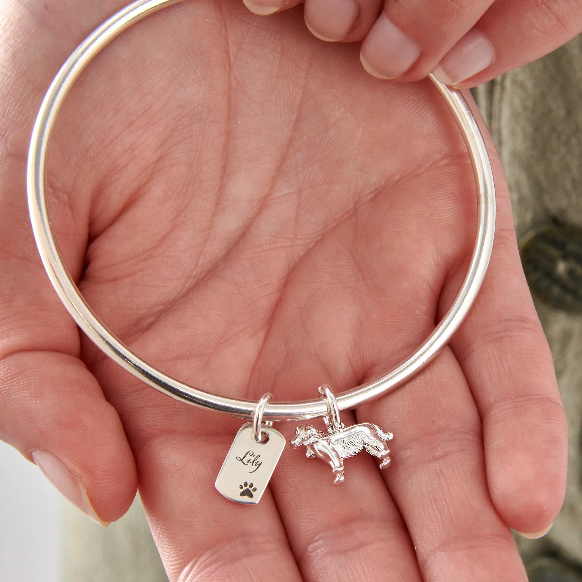 English Cocker Spaniel Personalised Dog Tag Silver Bangle