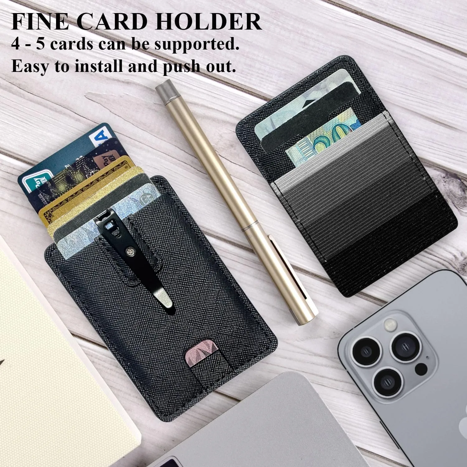 FORZEN Minimalistic Card Holder Wallet for Men and Women, Slim Elastic Vertical Credit Card Holder and Men Front Pocket Wallet with Clip (Black Stripe)