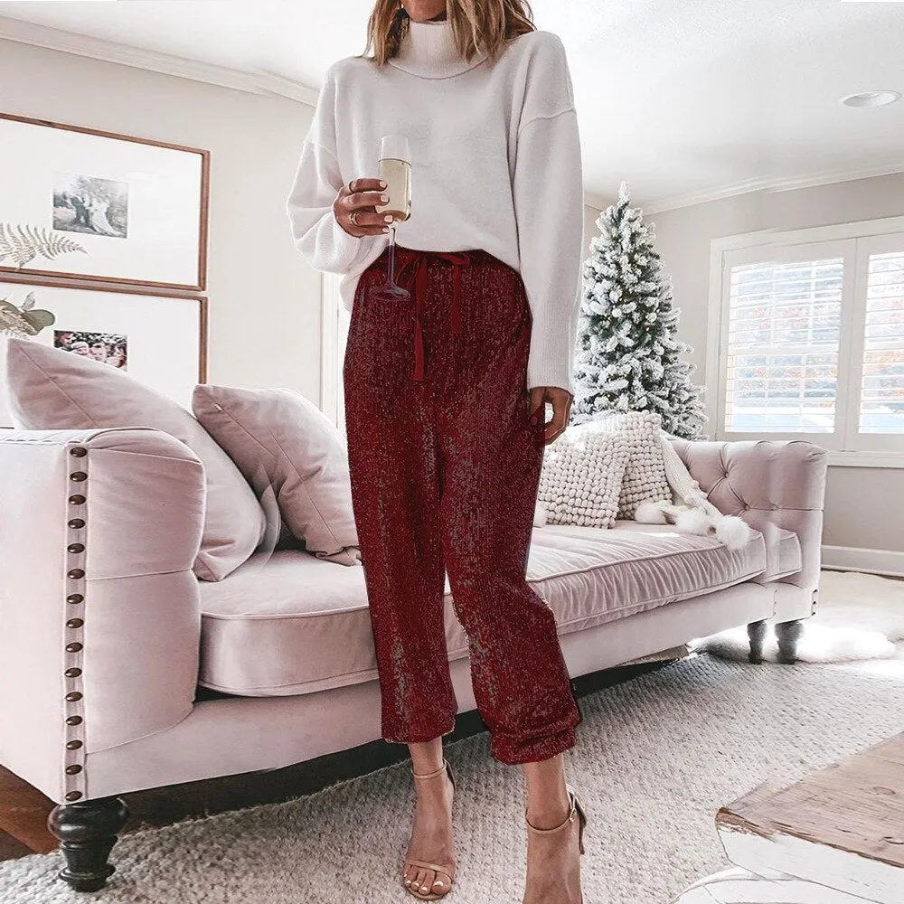 Gold Sequin Shiny Wide Leg Pants