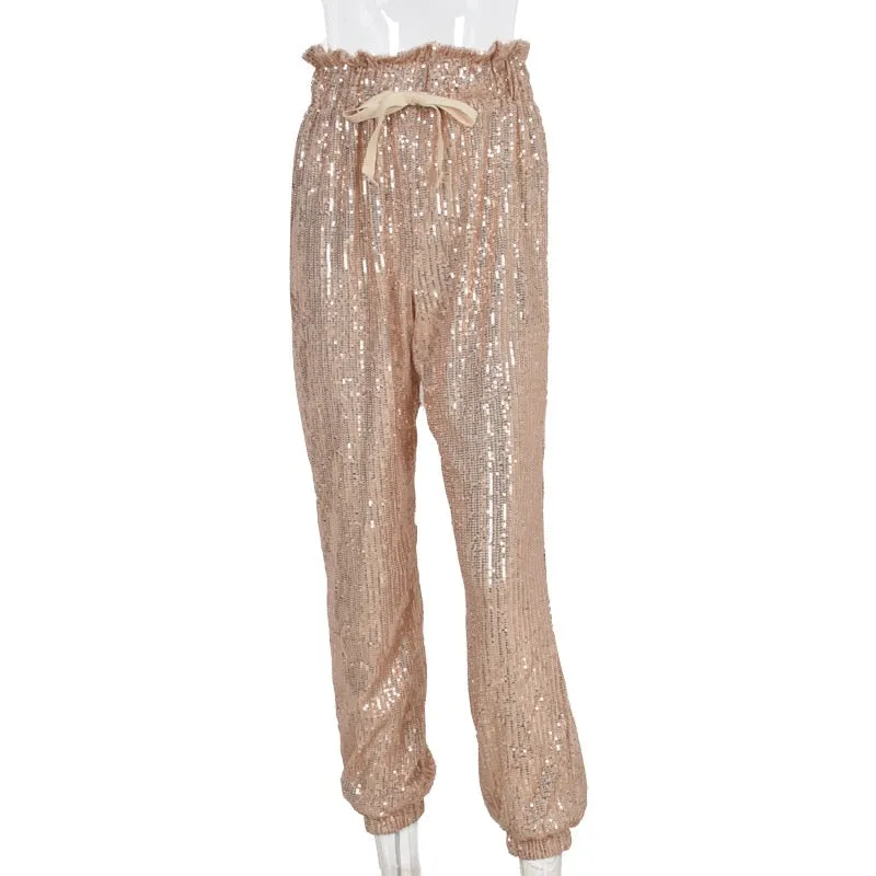Gold Sequin Shiny Wide Leg Pants