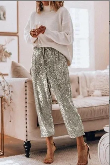 Gold Sequin Shiny Wide Leg Pants