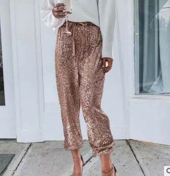 Gold Sequin Shiny Wide Leg Pants