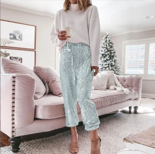 Gold Sequin Shiny Wide Leg Pants