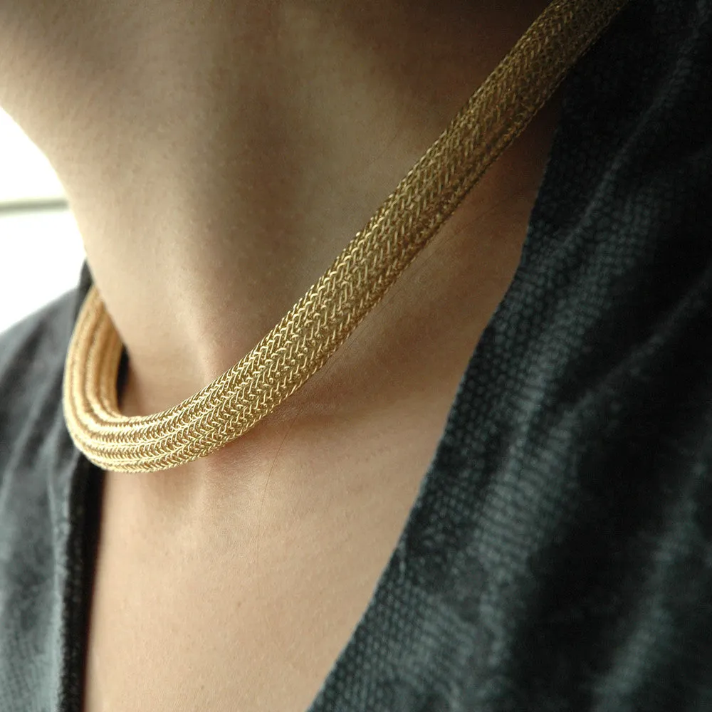 Gold tube necklace , double knitted tube
