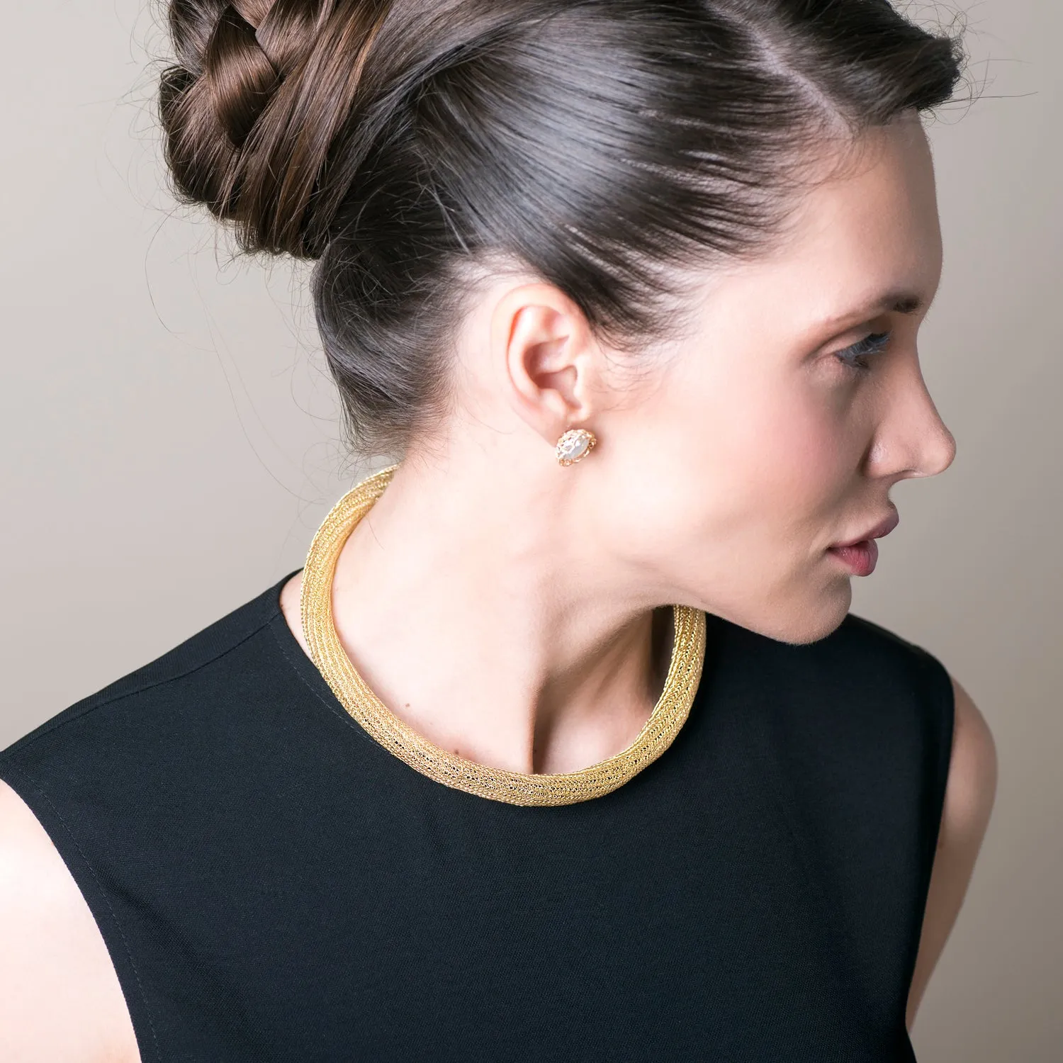 Gold tube necklace , double knitted tube