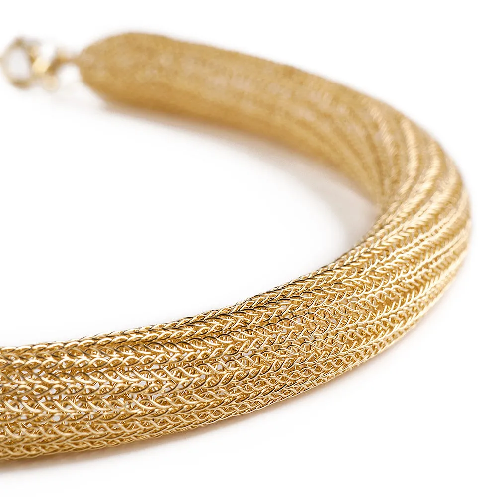 Gold tube necklace , double knitted tube