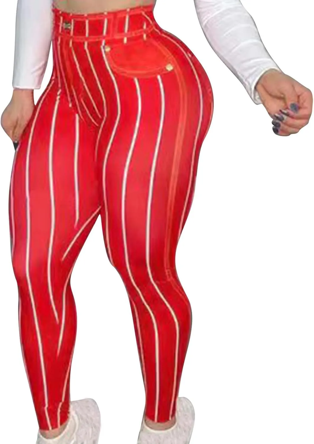 HGps8w Women's Imitation Denim Line Printed Leggings - Super High Waisted Striped Stretchy Yoga Pants Funny Running Tights
