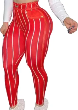 HGps8w Women's Imitation Denim Line Printed Leggings - Super High Waisted Striped Stretchy Yoga Pants Funny Running Tights
