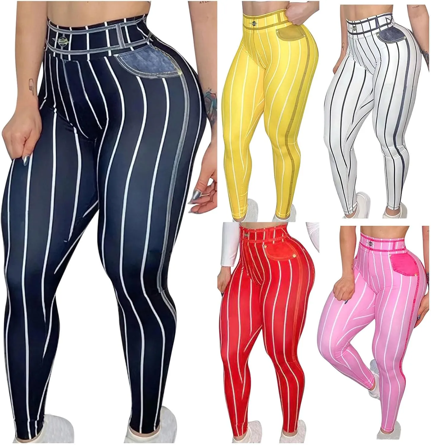 HGps8w Women's Imitation Denim Line Printed Leggings - Super High Waisted Striped Stretchy Yoga Pants Funny Running Tights