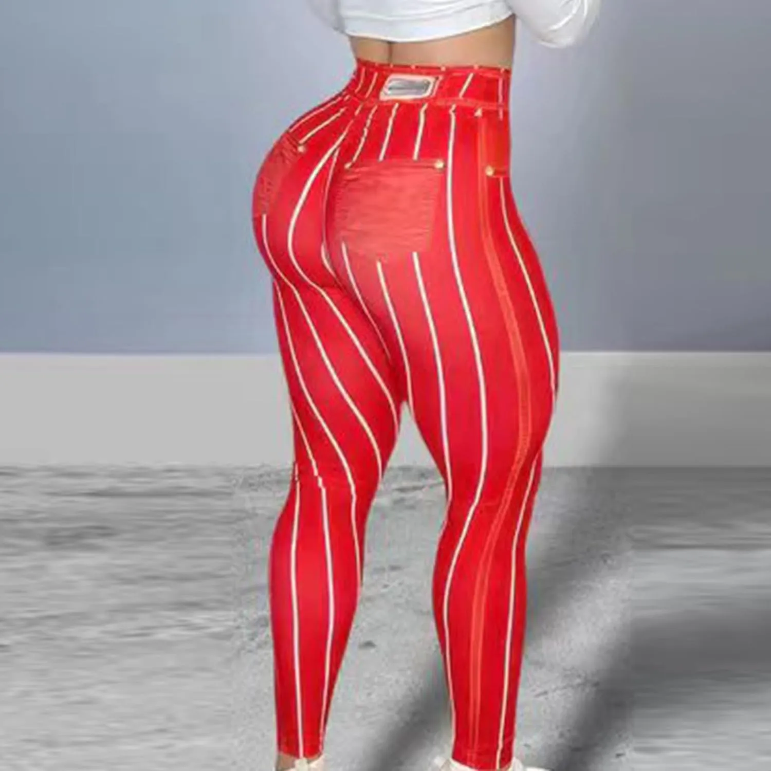 HGps8w Women's Imitation Denim Line Printed Leggings - Super High Waisted Striped Stretchy Yoga Pants Funny Running Tights