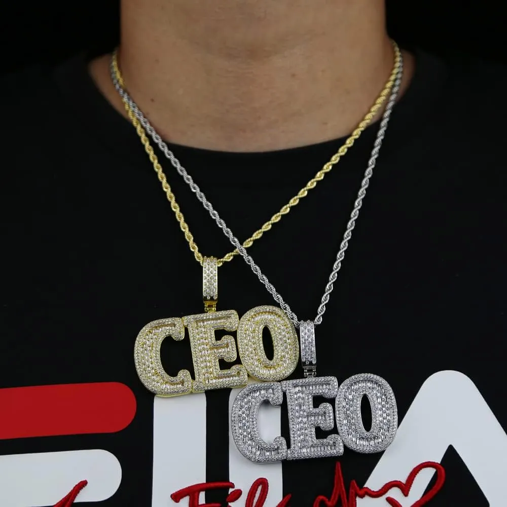 Iced Out Big CEO Letter Pendant Necklace for Men Women