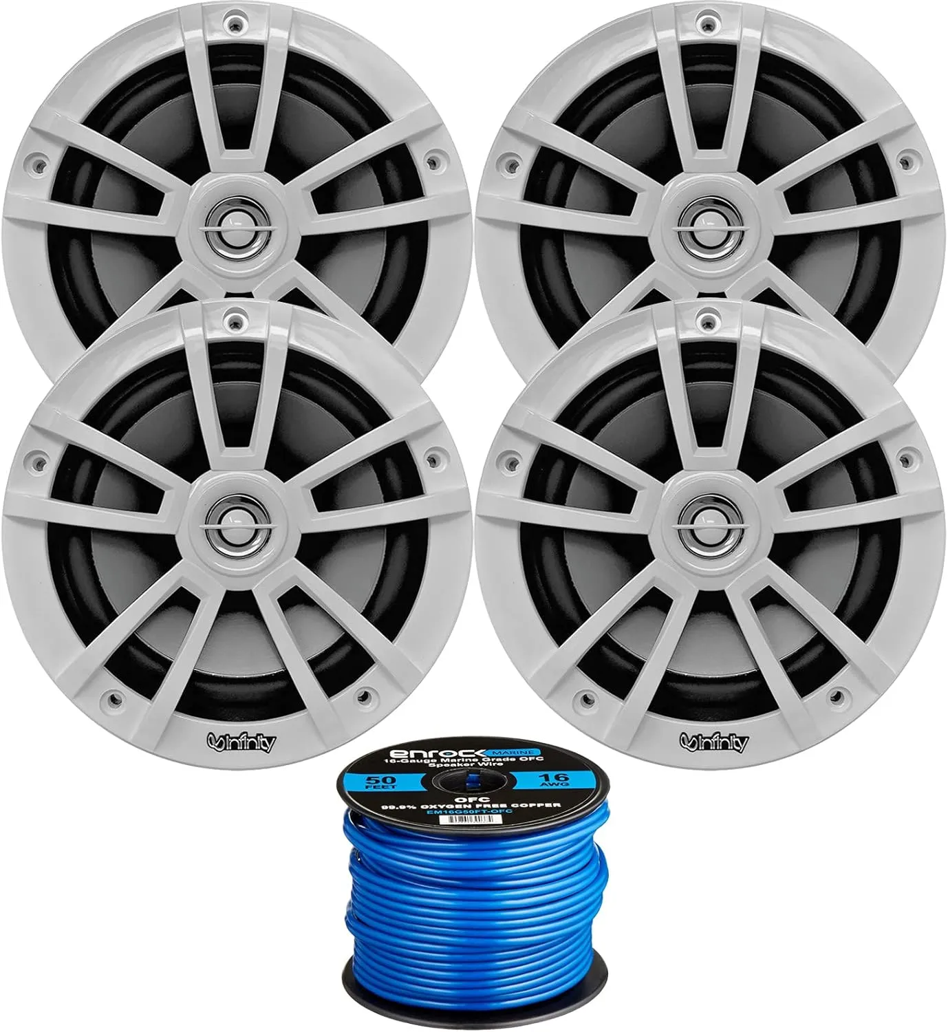 Infinity 6.5" Marine Speakers (Qty 4) 2 Pairs of OEM Replacement Speakers w/ Enrock 50ft Wire (White) 622MWB