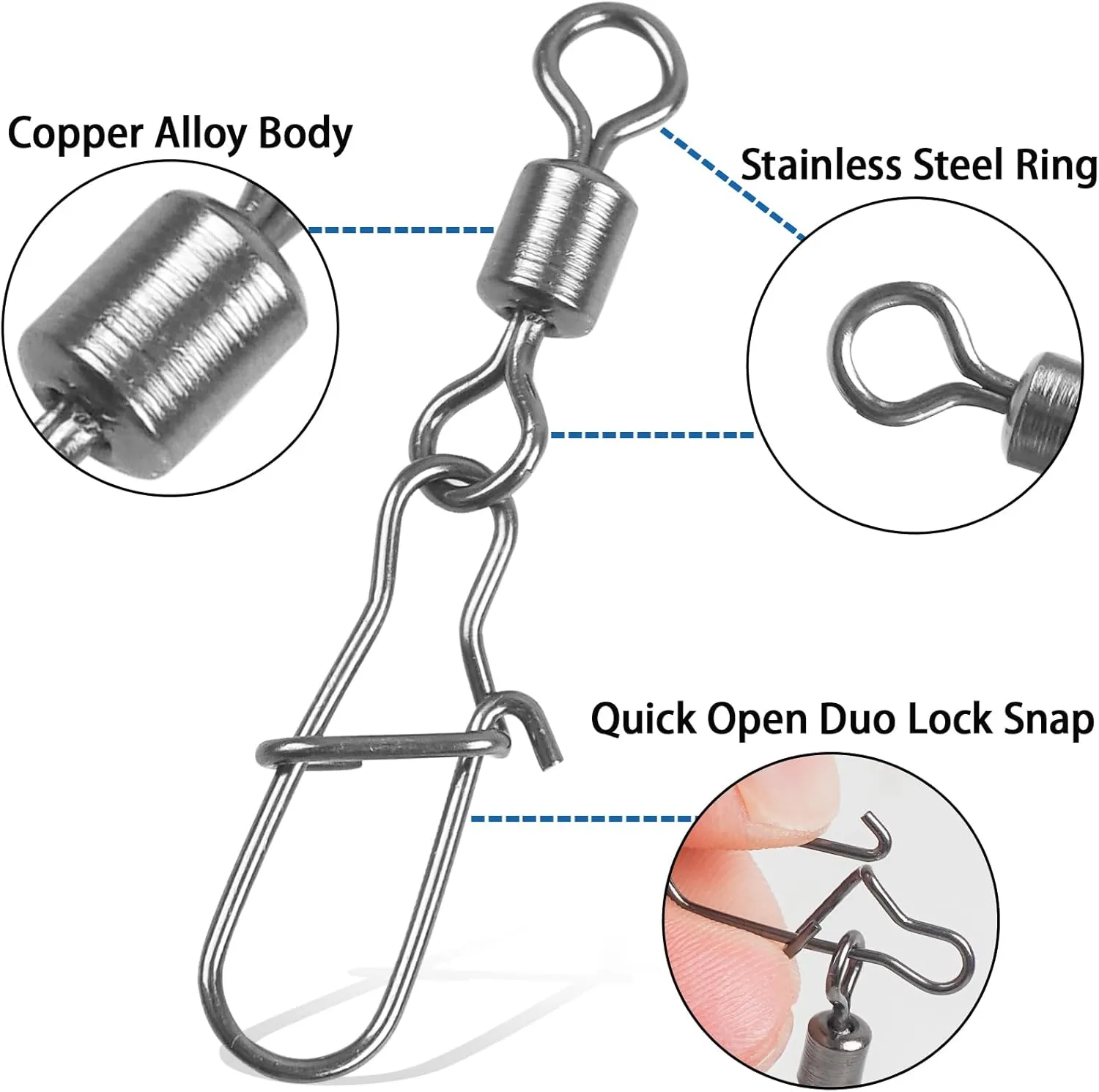 JSHANMEI Fishing Snap Swivels Rolling Barrel Swivels with Safety Snaps High Strength Copper and Stainless Steel, Black Nickel Coated Quick Connect Swivel Snap Fishing Tackle