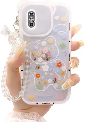 Kawaii Phone Case for iphone XS MAX with Cute Teddy Bear Wrist Strap Bracelet Keychain & Aesthetic Flower Love Heart Charm Floral Pretty Lovely Adorable i Phone Cases Design for Girl Women - Colorful