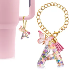 Letter Charm Accessories for Stanley Cup with Handle, Cute Initial Letter A Keychain Handle Charm with Butterfly for Stanley Tumbler for Women Girls