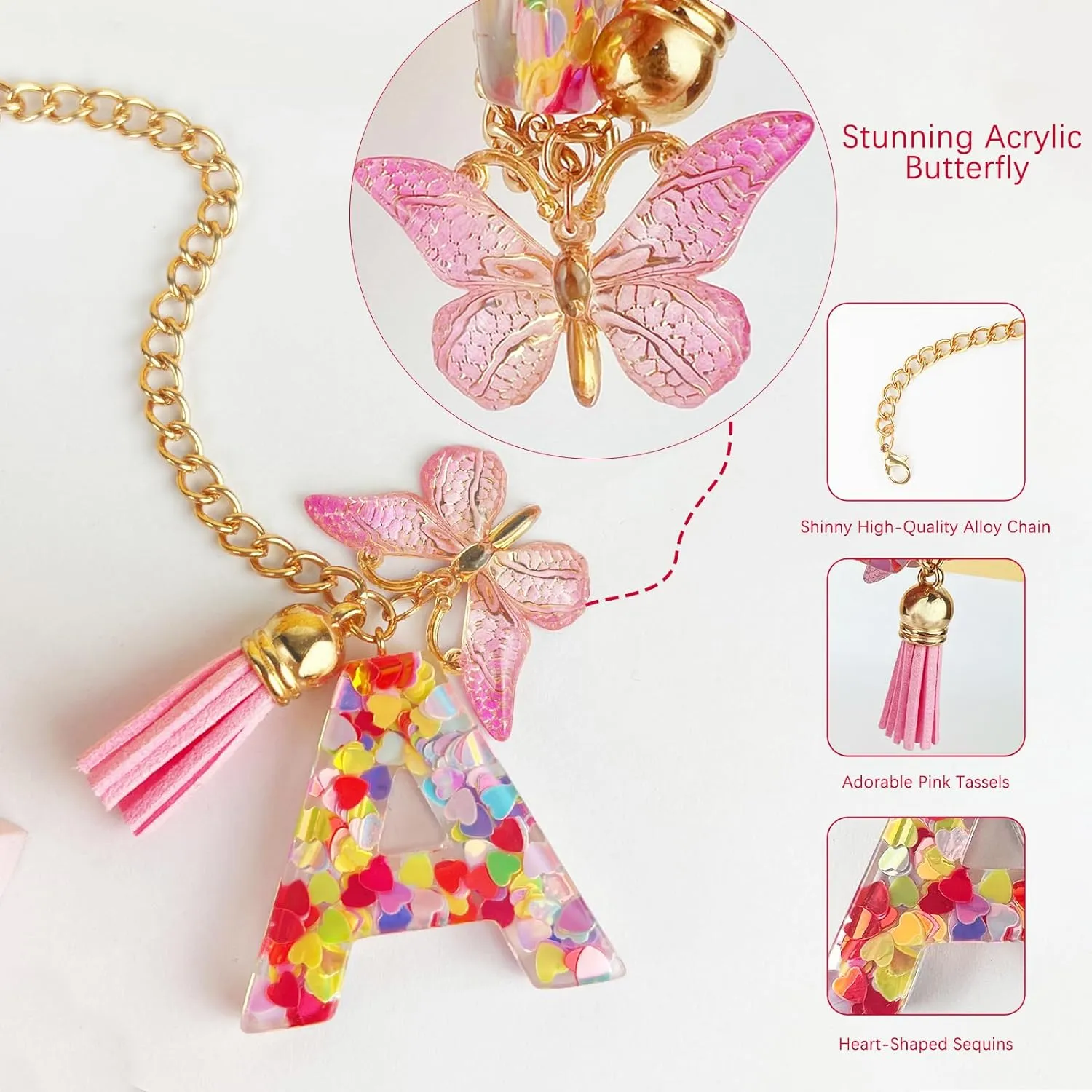 Letter Charm Accessories for Stanley Cup with Handle, Cute Initial Letter A Keychain Handle Charm with Butterfly for Stanley Tumbler for Women Girls