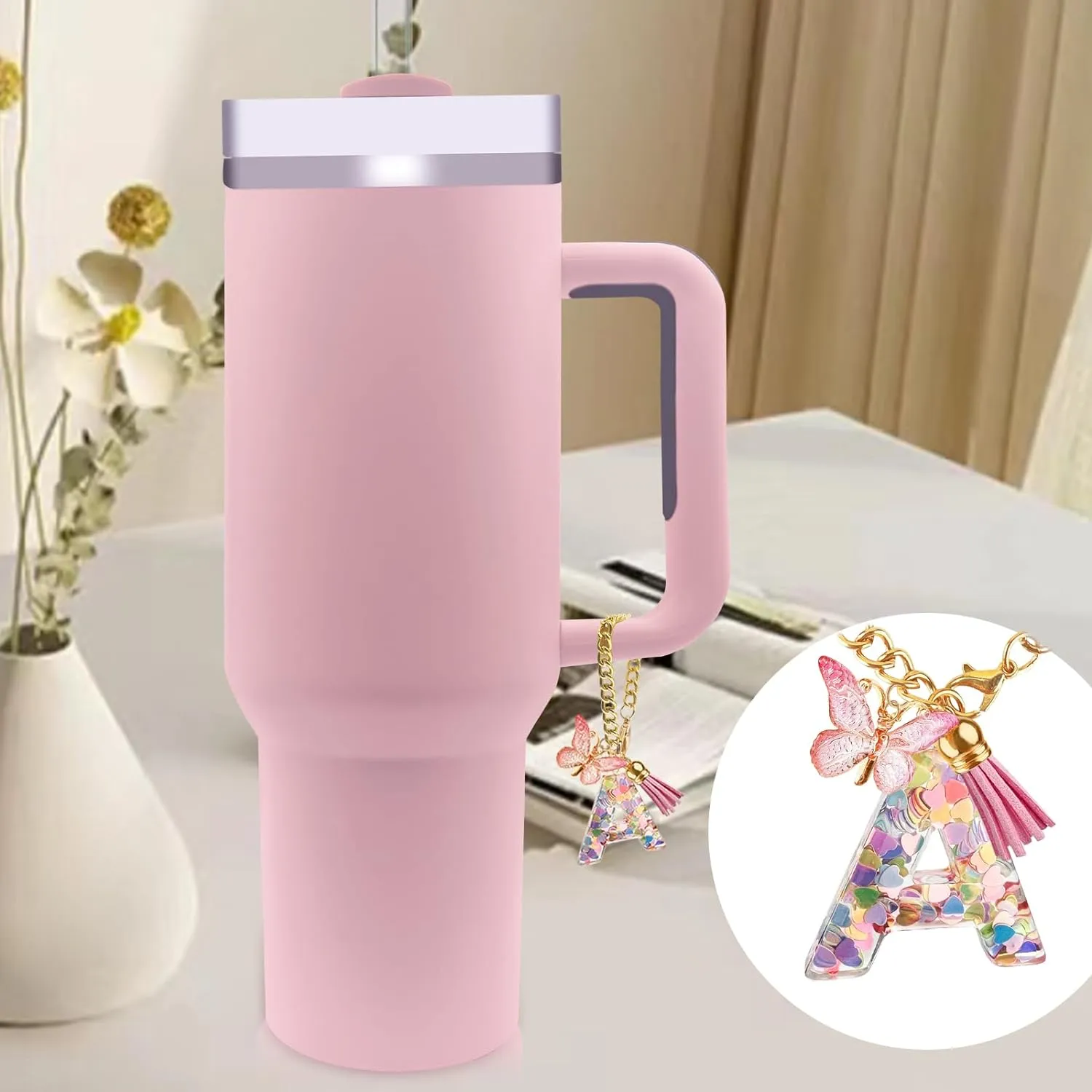 Letter Charm Accessories for Stanley Cup with Handle, Cute Initial Letter A Keychain Handle Charm with Butterfly for Stanley Tumbler for Women Girls