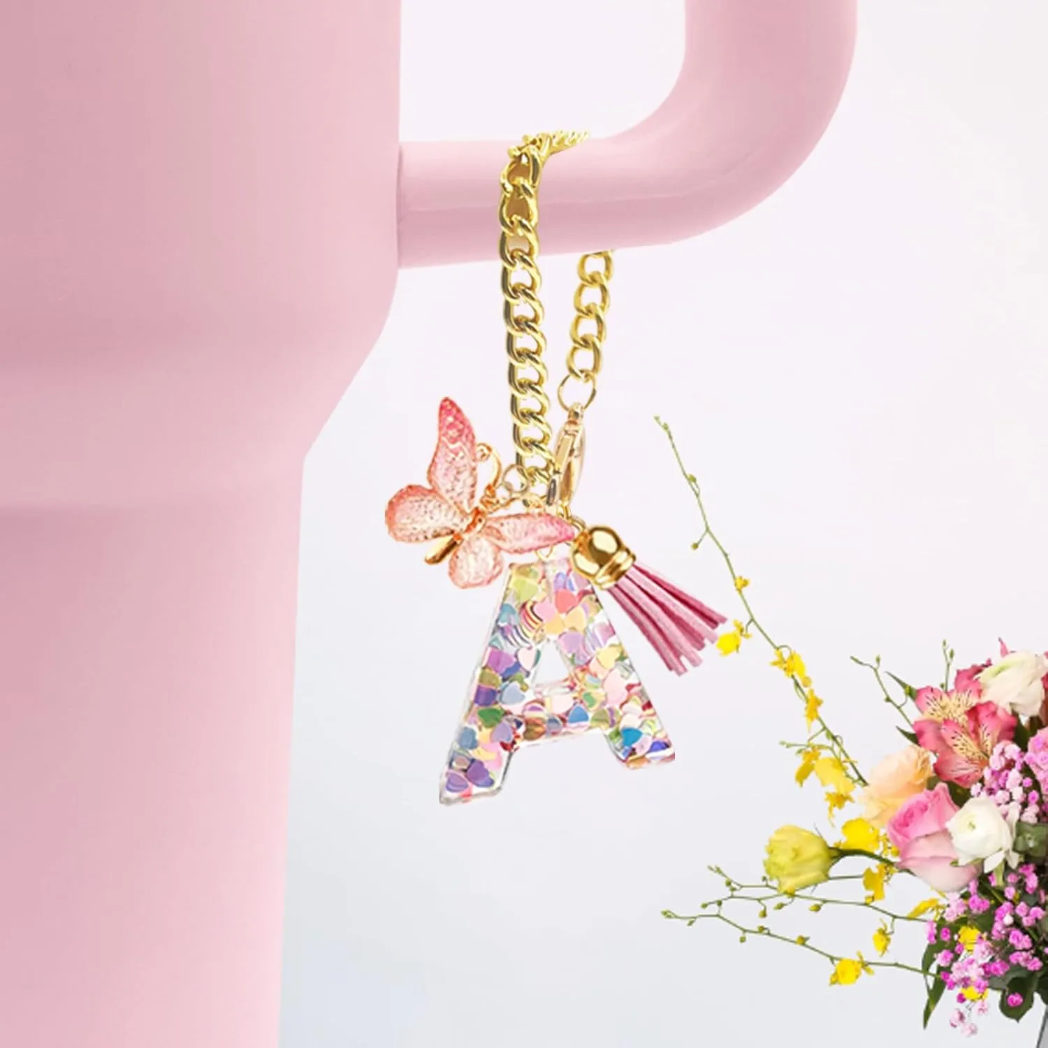 Letter Charm Accessories for Stanley Cup with Handle, Cute Initial Letter A Keychain Handle Charm with Butterfly for Stanley Tumbler for Women Girls