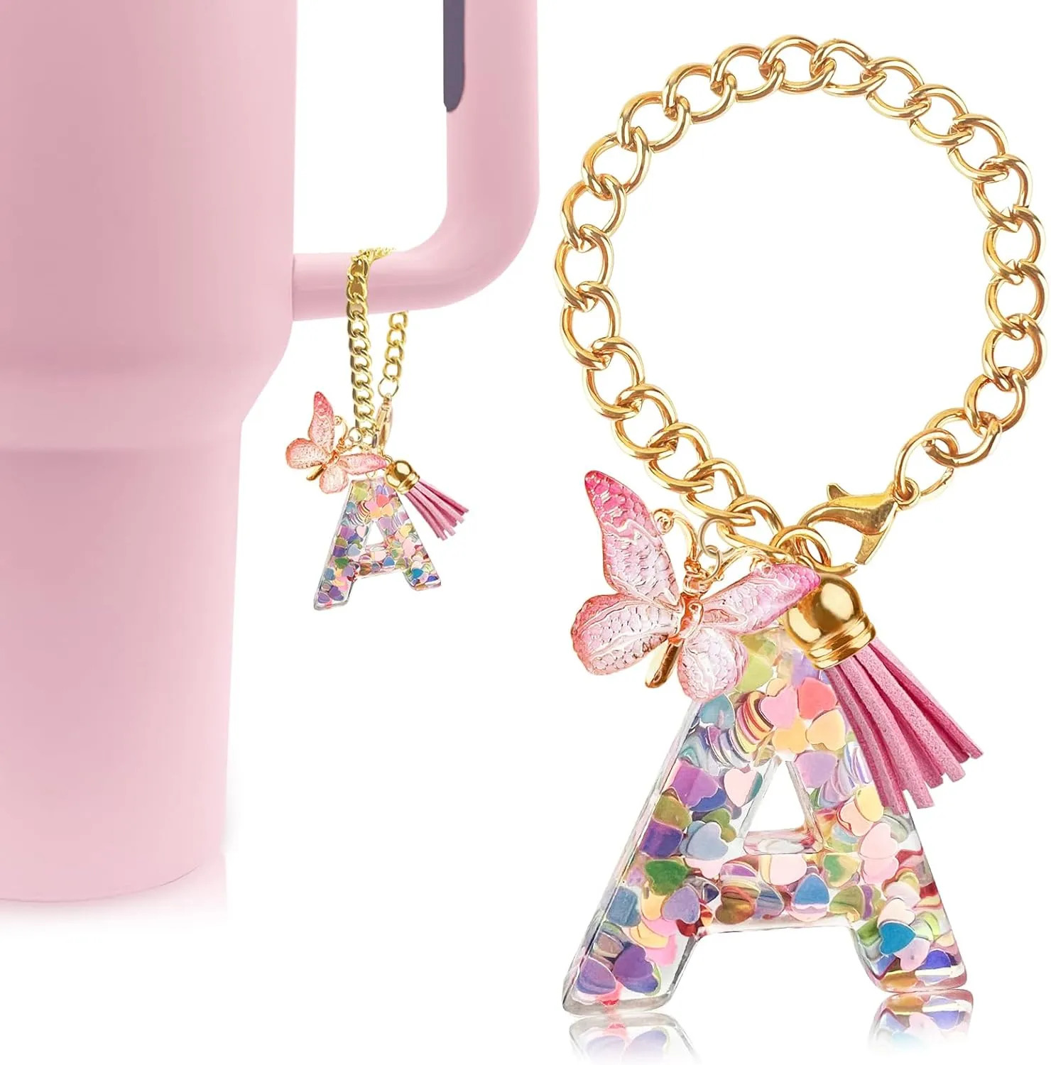 Letter Charm Accessories for Stanley Cup with Handle, Cute Initial Letter A Keychain Handle Charm with Butterfly for Stanley Tumbler for Women Girls