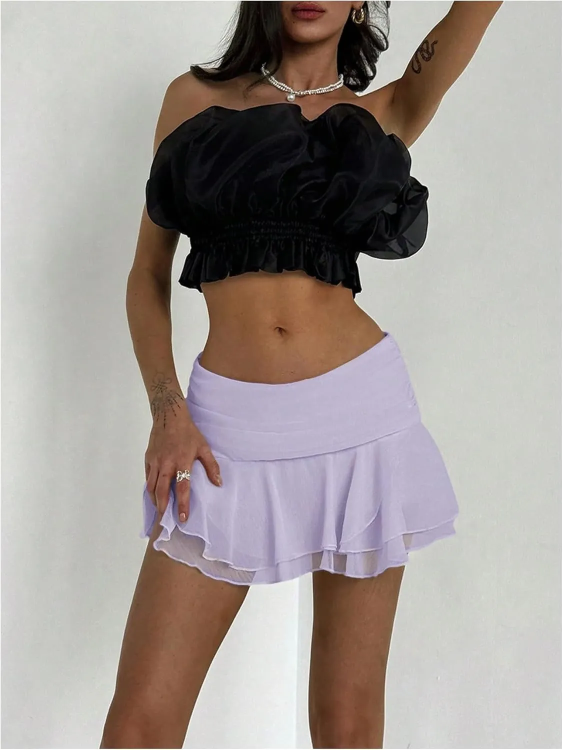 MakeMeChic Women's Tiered Layer Ruched Mesh Sheer Flared Ruffle Hem Summer Y2K Mini Skirts
