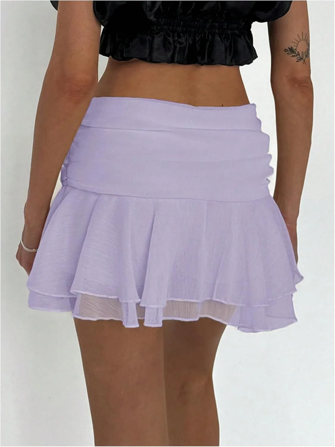 MakeMeChic Women's Tiered Layer Ruched Mesh Sheer Flared Ruffle Hem Summer Y2K Mini Skirts