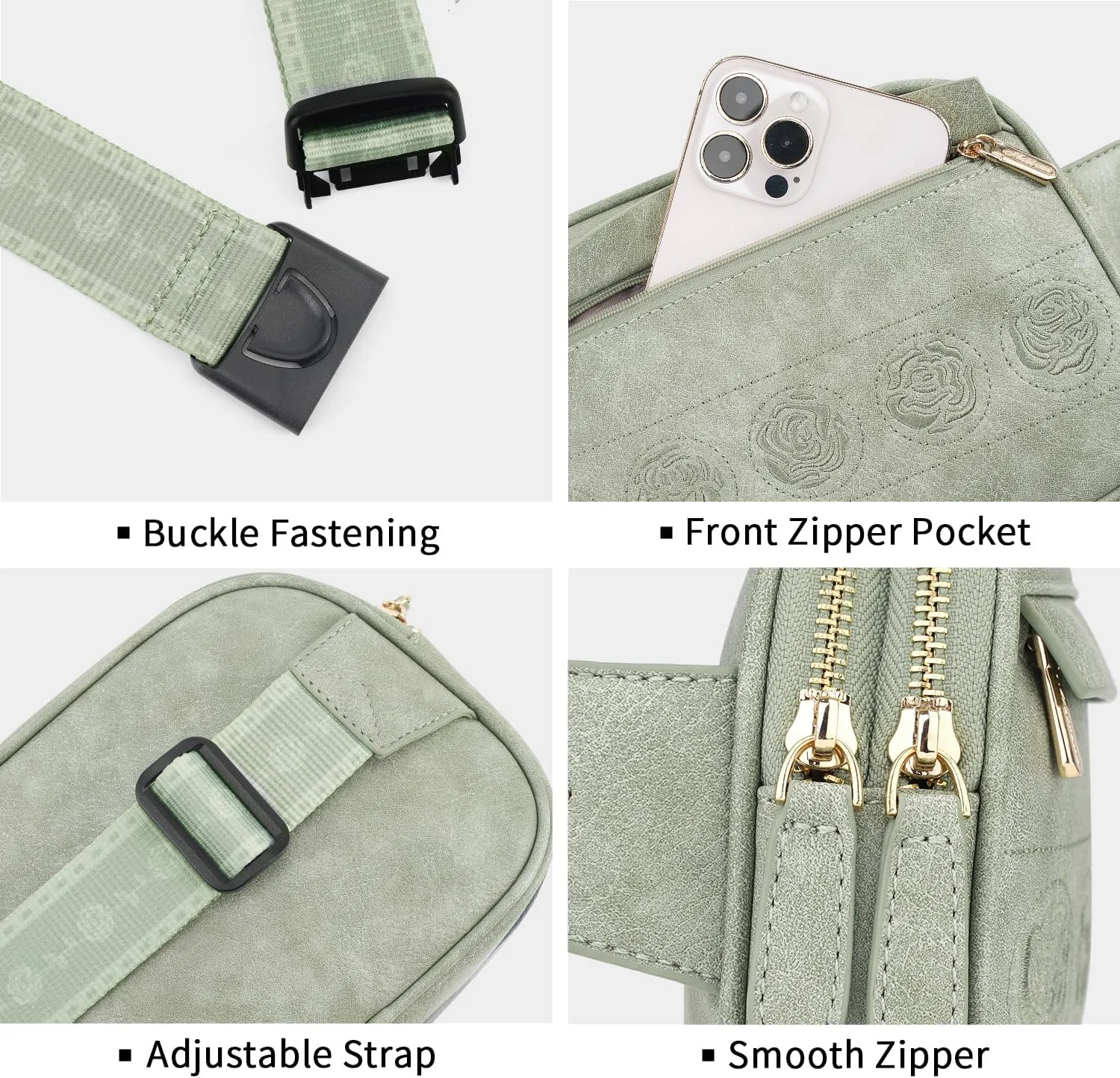 MEITRUE Belt Bag for Women Leather Fanny Pack Fashionable Small Crossbody Bags for Women Rose Embroidery Waist Bags with Adjustable Strap, Green