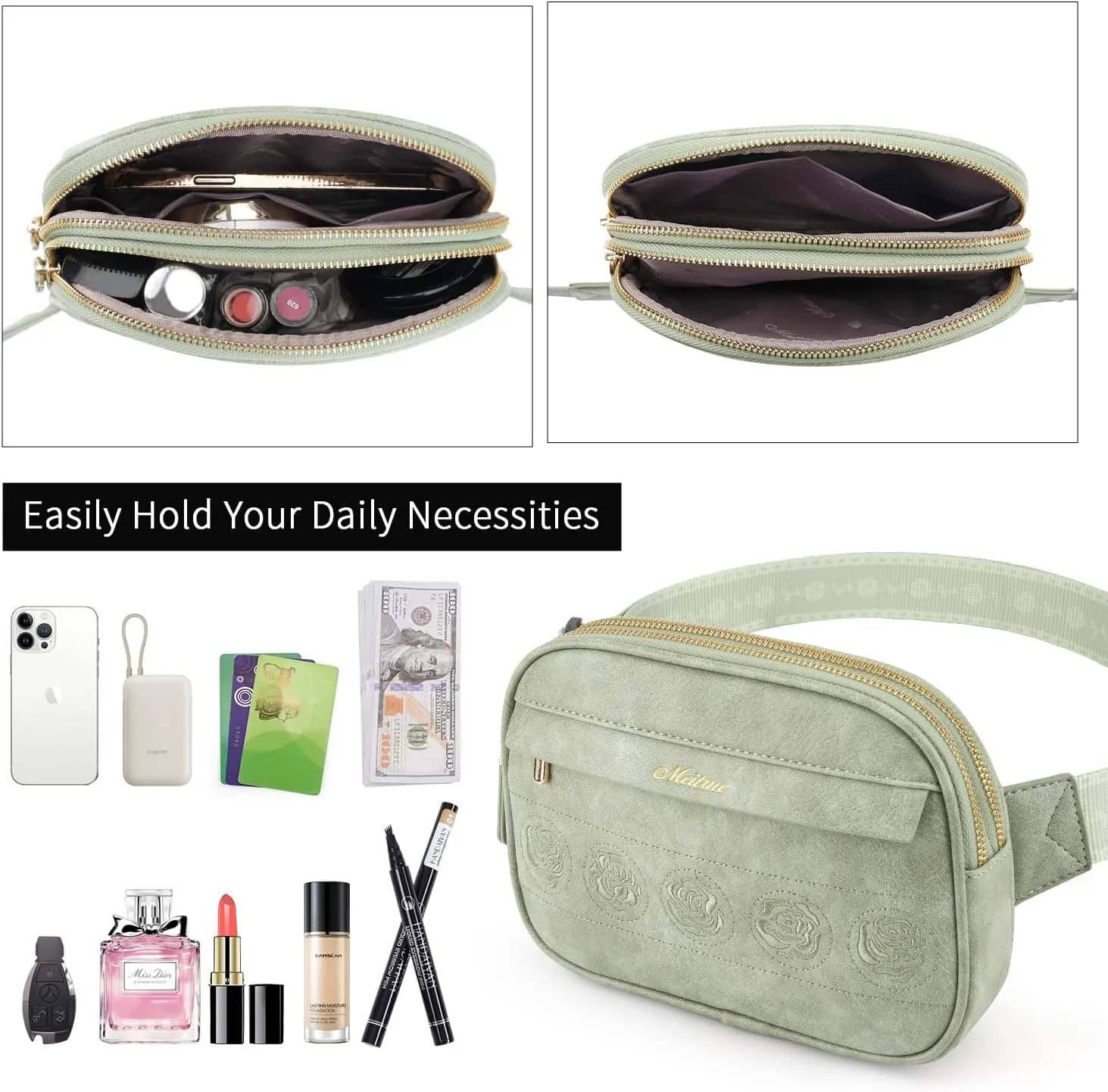 MEITRUE Belt Bag for Women Leather Fanny Pack Fashionable Small Crossbody Bags for Women Rose Embroidery Waist Bags with Adjustable Strap, Green