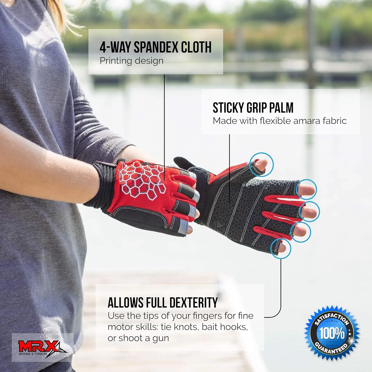 MRX BOXING & FITNESS Sailing Gloves Sticky Palm Gripy Glove Yachting Kayak Dinghy Fishing Short Finger Multi Colors (Black/Red, S)