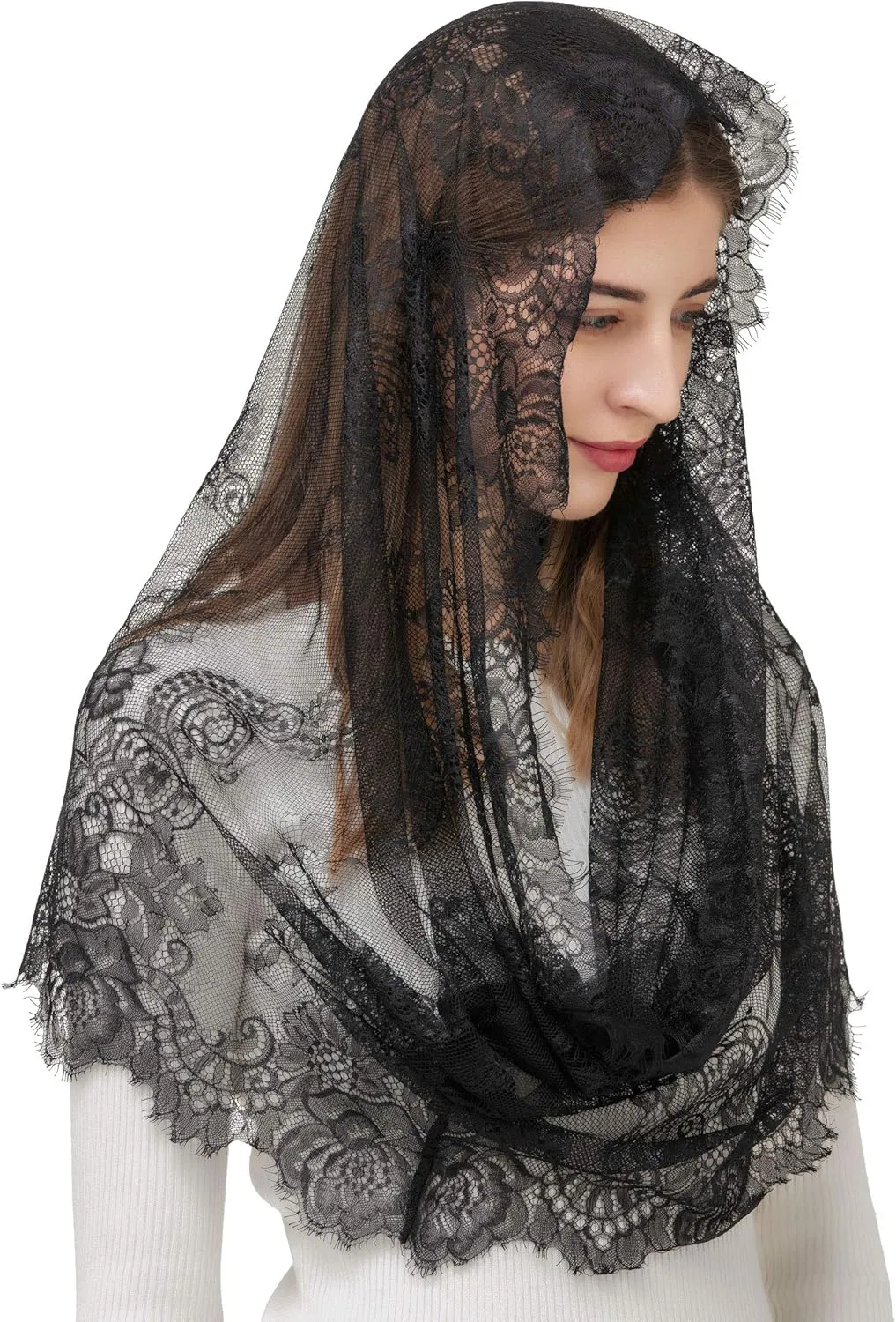 PAMOR Spanish Style Lace Traditional Vintage Inspired Infinity Shape Mantilla Veil Latin Mass Head Covering