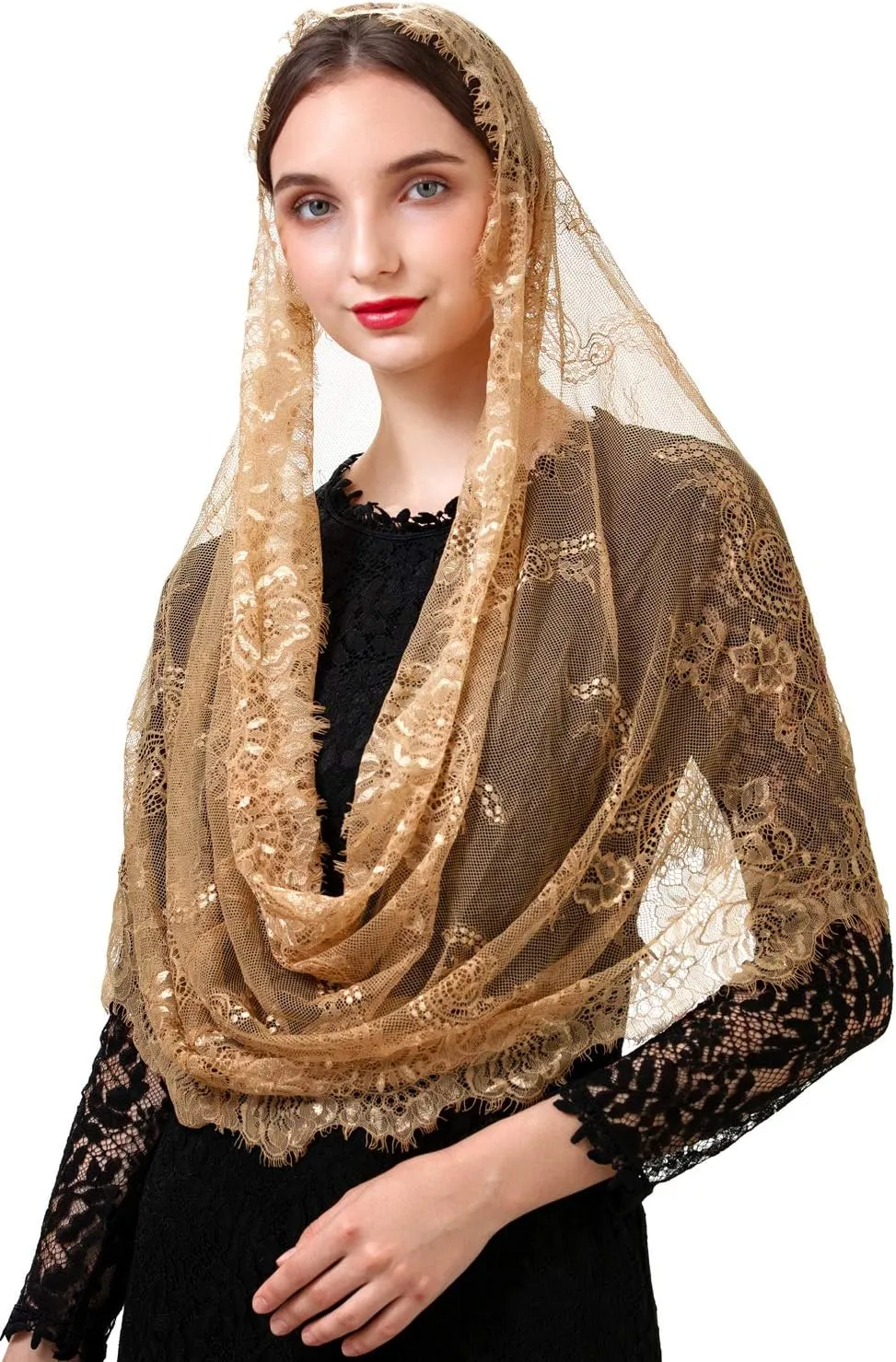 PAMOR Spanish Style Lace Traditional Vintage Inspired Infinity Shape Mantilla Veil Latin Mass Head Covering