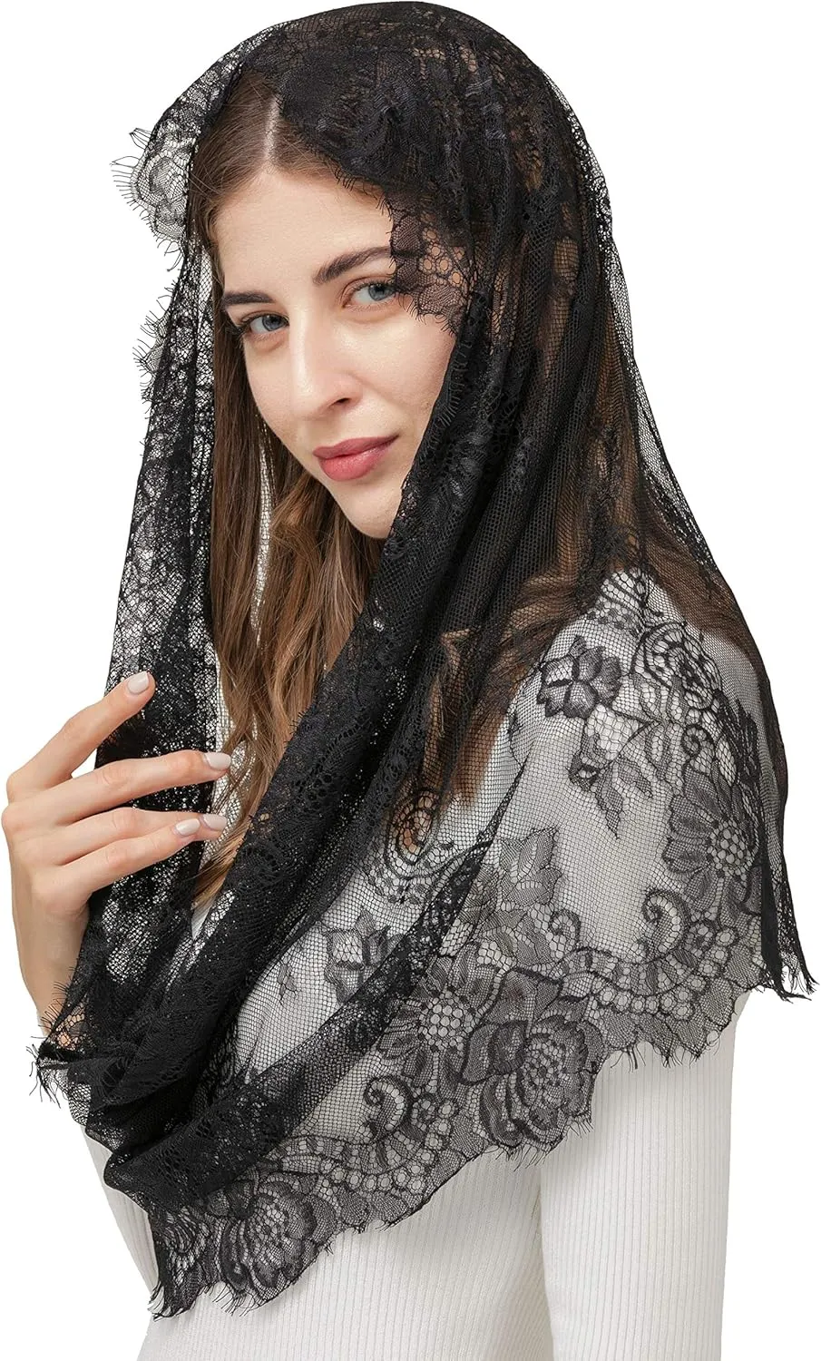 PAMOR Spanish Style Lace Traditional Vintage Inspired Infinity Shape Mantilla Veil Latin Mass Head Covering