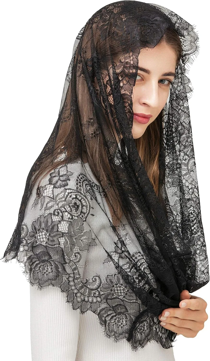 PAMOR Spanish Style Lace Traditional Vintage Inspired Infinity Shape Mantilla Veil Latin Mass Head Covering