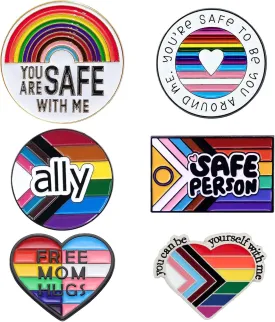 Pride Pins 6PCS You Are Safe with Me Pin Set LGBT Rainbow Gay Lesbian Trans Ally Pins Flag Heart Shape Pin Jewelry Pack for Clothes, Shirts, Ties, Suit Lapels, Jackets, Backpack Bag LGBTQ Accessories